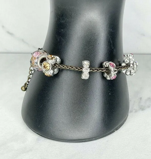 Gold Tone Floral Rhinestone Barrel Charm Beaded Bracelet - Image 4