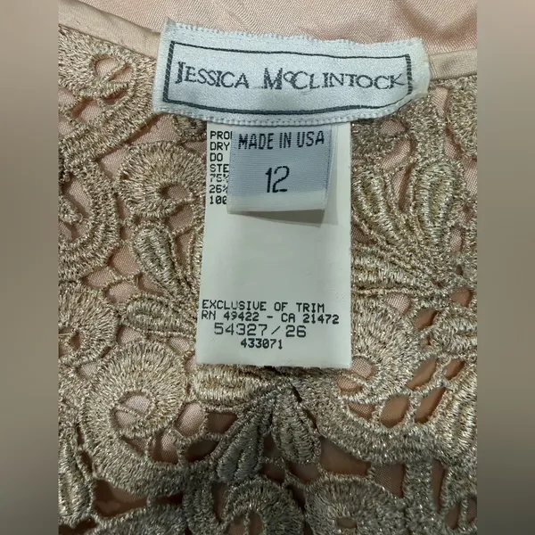 Vintage Jessica McClintock Dress Women's 12 Gold Lace Eyelet Metallic Sleeveless - Image 3