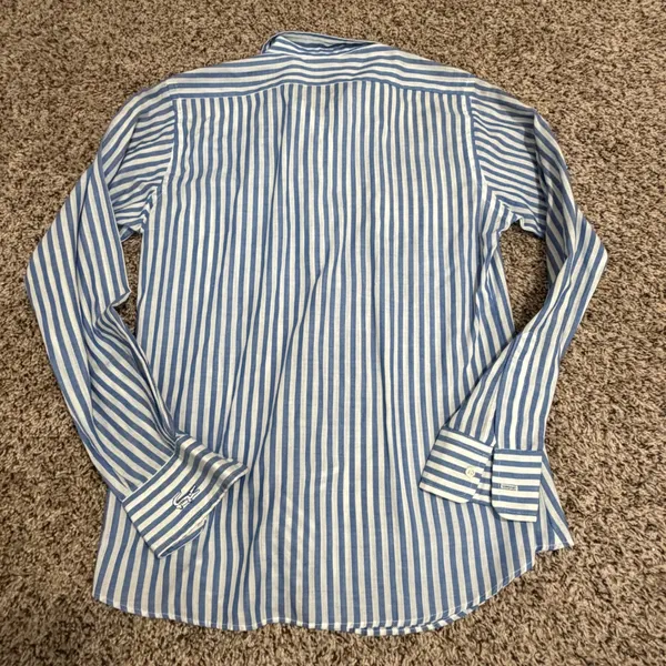 Vintage Izod Lacoste Blue White Striped Button Down Shirt Womens 12 Preppy Logo - Image 4
