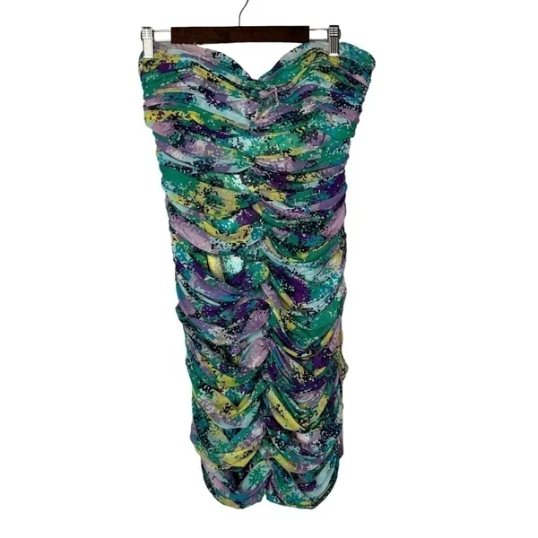 BCBGMaxAzria Blue & Purple Printed Ruched Mini Dress L‎ - Image 2