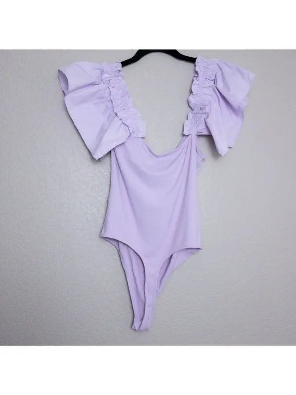 NWT Le Lis Ruffle Tank Ribbed Knit Sleeveless Bodysuit L Lavender Buckle - Image 9