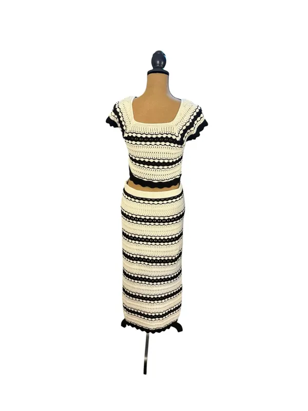 Freshman 1996 Crochet 2 Piece Maxi Skirt Set L Black Ivory Boho Coachella - Image 3