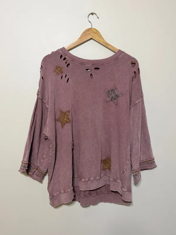 Easel Boho Star Patchwork Oversized Tee Size Large Distressed Sweater - Image 2