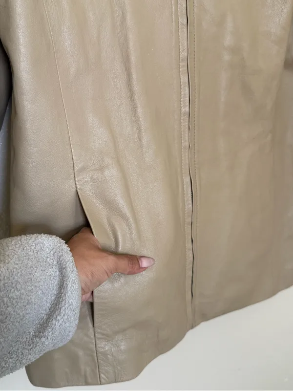Vintage Victoria Genuine Leather Jacket M Taupe Minimalist Y2K Zip Quiet Luxury - Image 3