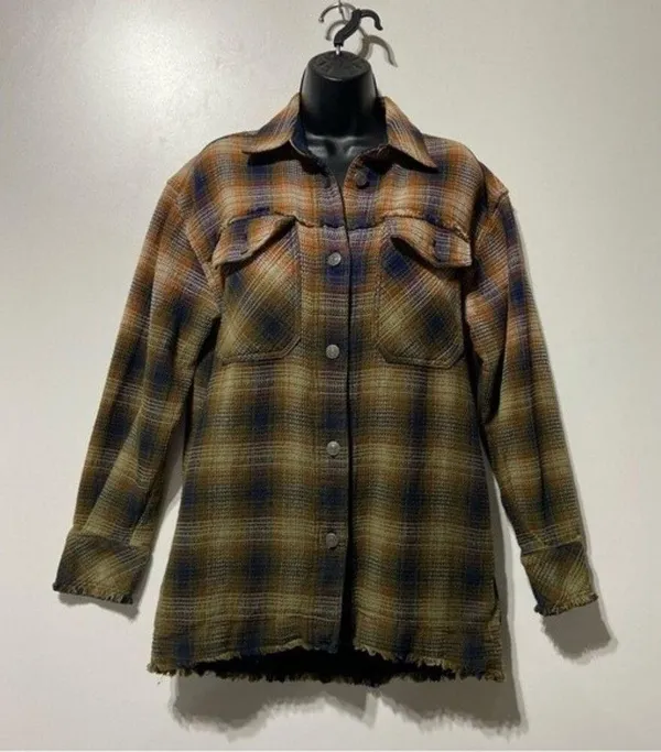 Free People Anneli Plaid Shirt Jacket Shacket Size Small Navy Tobacco - Image 6