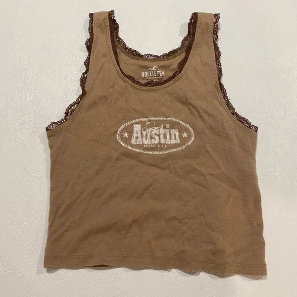 Hollister Austin Texas Lace Trim Tank Top XS Brown Western Y2K Baby Tee - Image 3