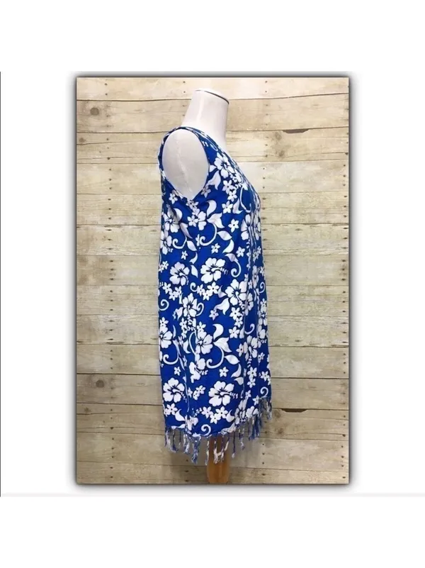 Tropical floral hibiscus print fringed rayon sleeveless dress size S - Image 4