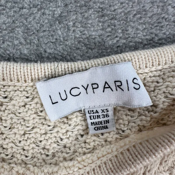 Lucy Paris Knit Puff Sleeve Blouse Women's XS Beige Ruffle Hem Tie Back Boho - Image 5