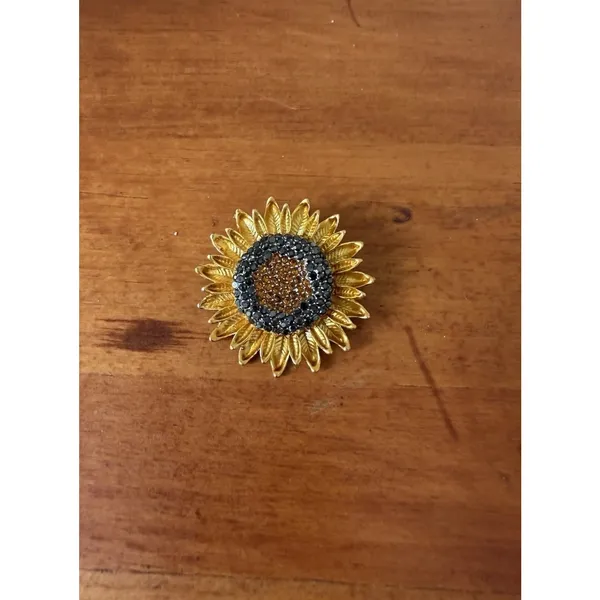 Sunflower Statement Brooch Gold Tone Black Amber Rhinestone Floral Flower Pin - Image 6