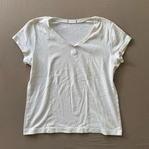 Cotton Scoop Neck Henley Tee White Size L - Image 2