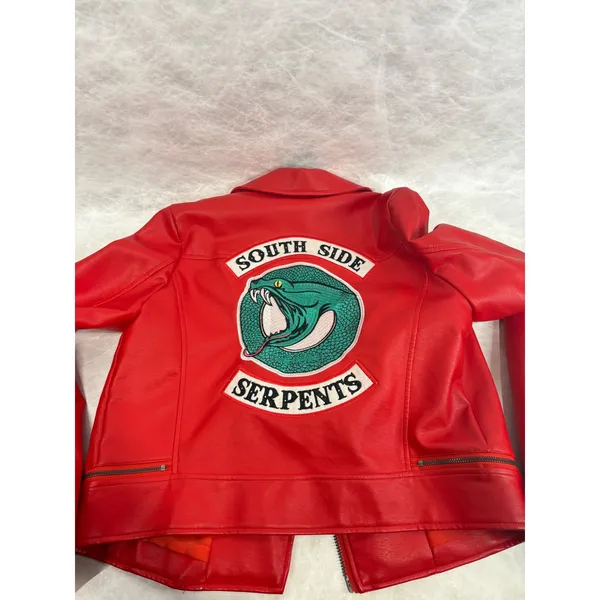 Riverdale South Side Serpents Red Faux Leather Moto Jacket Womens‎ Small - Image 10