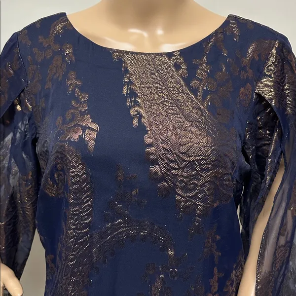 Leslie Fay Navy & Metallic Rose Gold Short Dress with split sleeves size 10 - Image 4