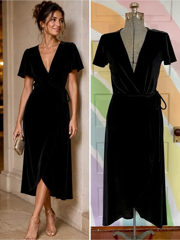 BHLDN Thrive Black Velvet Wrap Flutter Sleeve Midi Dress Sz S 🧡🎀 - Image 2