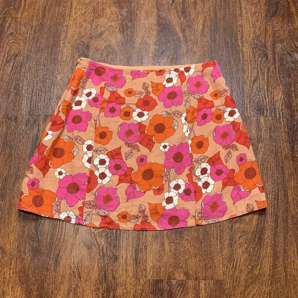 Urban Outfitters Rosie Mini Skirt Sz S Pink Orange Floral Side Zip Linen Blend - Image 3