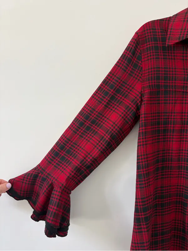 Vintage Alice + Olivia Red Black Plaid Wool Viscose Flounce Sleeve Fall Top S - Image 2