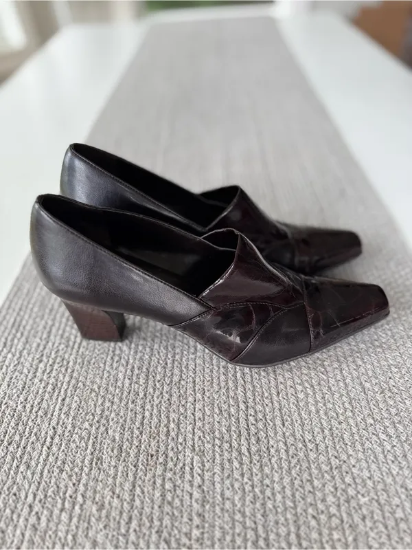 Vintage Franco Sarto Dark Brown Croc Embossed Faux Leather Block Heels Shoes 10 - Image 3