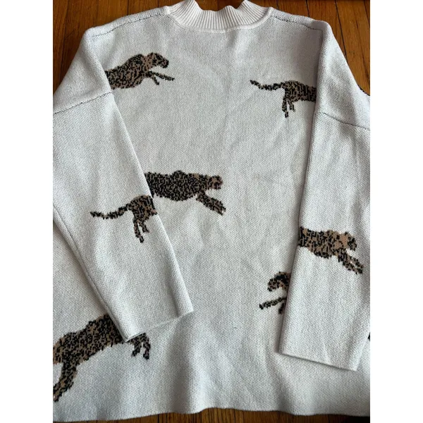 Leopard Print Sweater Womens Large White Mock Neck Knit Pullover Long Sleeve - Image 3