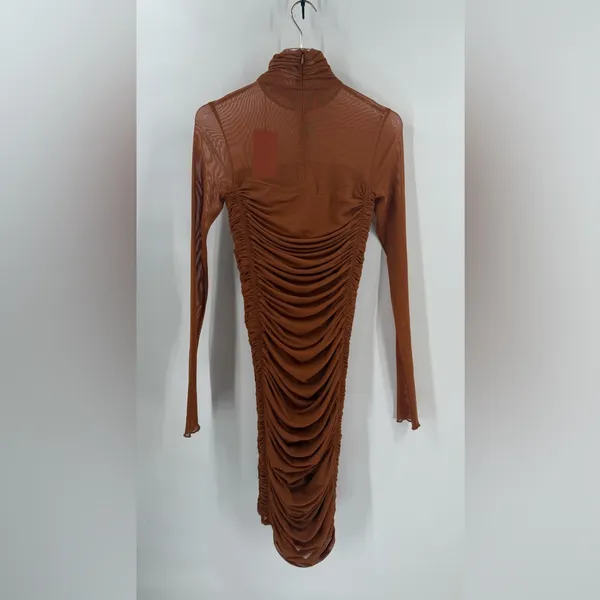 HUGO Women Mesh Ruched Long Sleeve‎ Dress Rustcopper Size xs nwt - Image 5
