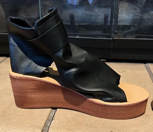 Black Wedge Pleather Sandals Size 7 - Image 6