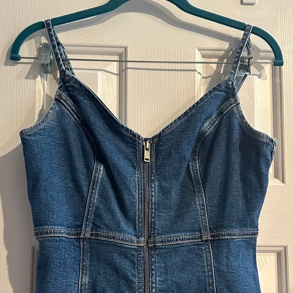 American Eagle Denim Stretch Mini Dress Zip Front Womens M Preppy Western Casual - Image 2