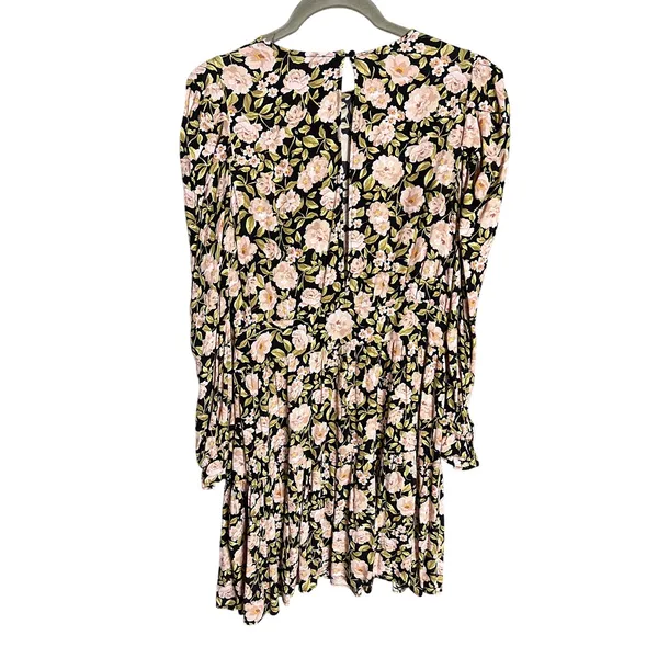 Zara Floral Puff Sleeve Mini Dress Size‎ Medium Retro Holiday Party Black Pink - Image 9
