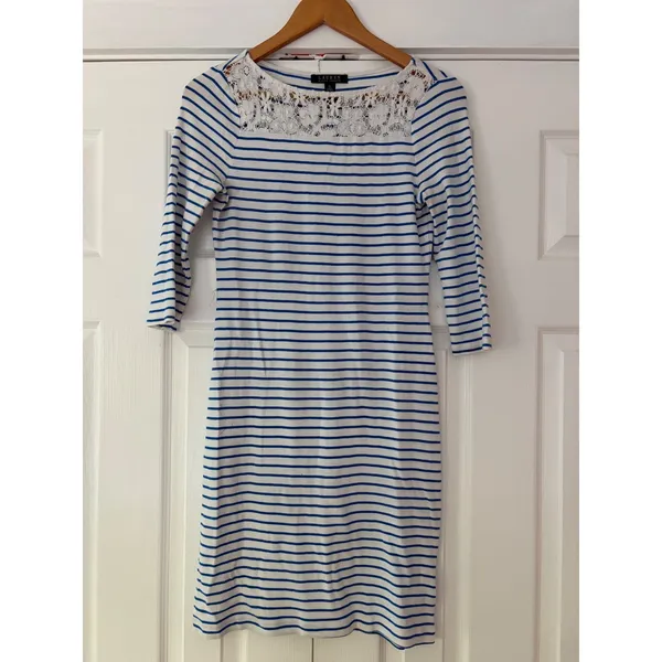 Lauren Ralph Lauren Striped Lace Yoke Dress Blue White Nautical Cotton Sheath M - Image 2