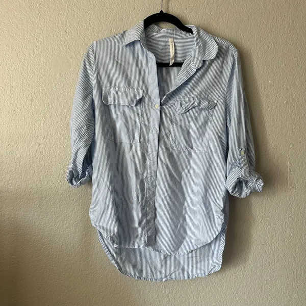 Babaton Relaxed Drapey Twill Button-up Utility Shirt Blue Stripe Size XS - Image 2