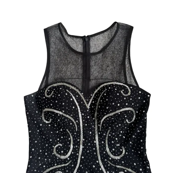Blondie Nites Women's Vintage Form Fitting Black Sequin Sparkly Mesh‎ Knee Length Dress Sz 5 - Image 2