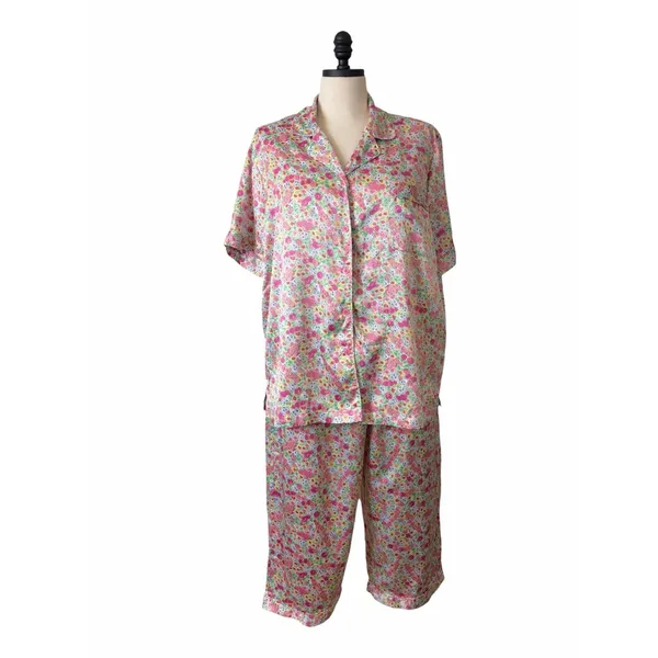 Cabernet Floral Satin Pajama Set XL Button Front Short Sleeve Lounge Sleepwear - Image 2
