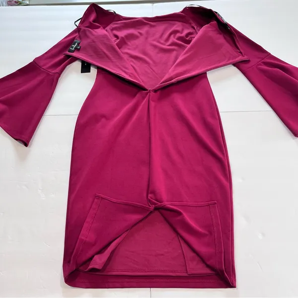 Lulus All She Wants Burgundy Off Shoulder Bell Sleeve‎ Bodycon Midi Dress LARGE - Image 8