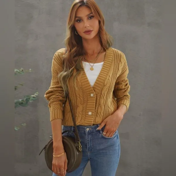 Brown Cable Knit Chunky V Neck Cardigan with 3 Decorative Pearl Buttons 2XL - Image 2
