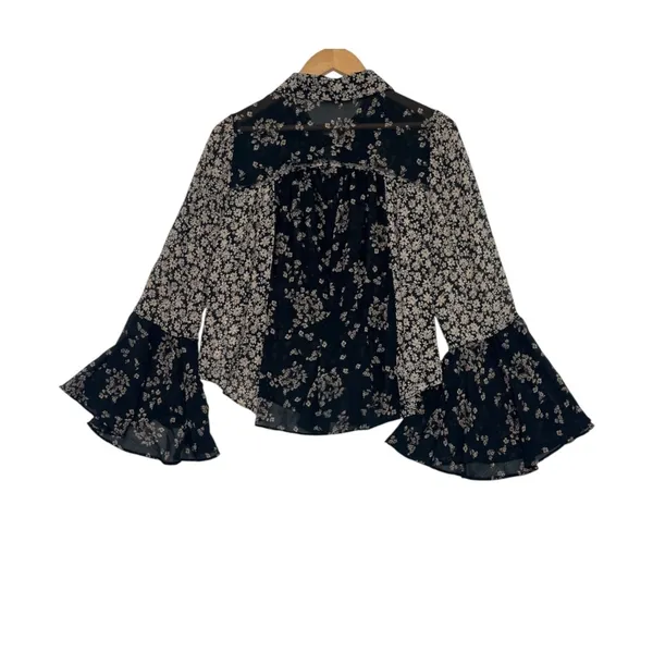 Free People Serena Top Womens Large Black Sheer Floral Bell Sleeve Boho Festival - Image 2