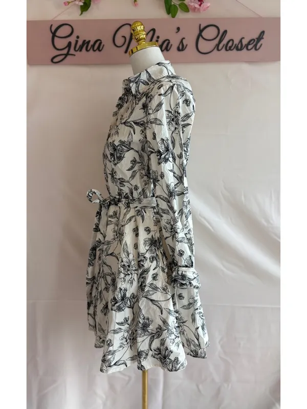 A New Day Women's XS Floral Print Shirt Dress with Belt - Off-White and Black - Image 2