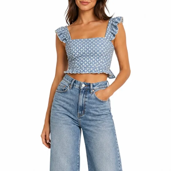Kirious Blue Floral Eyelet Tie Back Crop Top Tank Top XS Cottagecore Top - Image 7