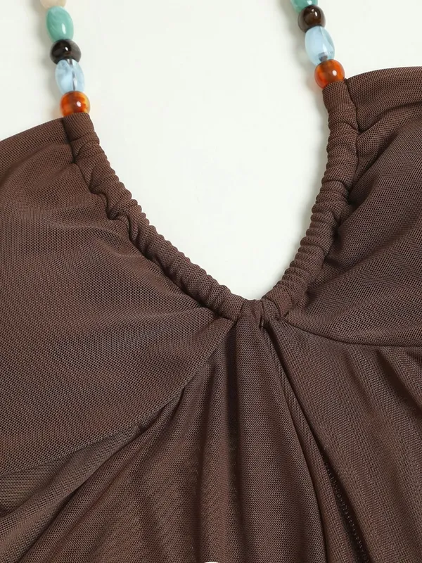 Samiol Brown Irregular Hem Contrast Beaded Tankini Set Size M - Image 5