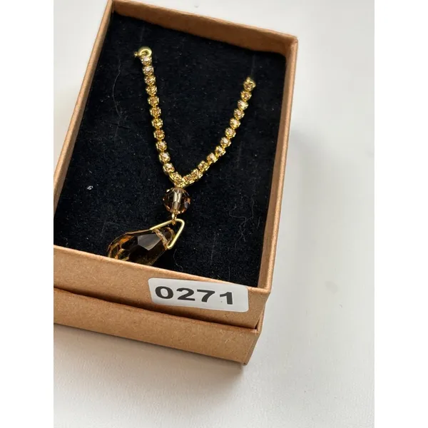 Gold Rhinestone Necklace With Amber Crystal Drop Pendant - Image 7