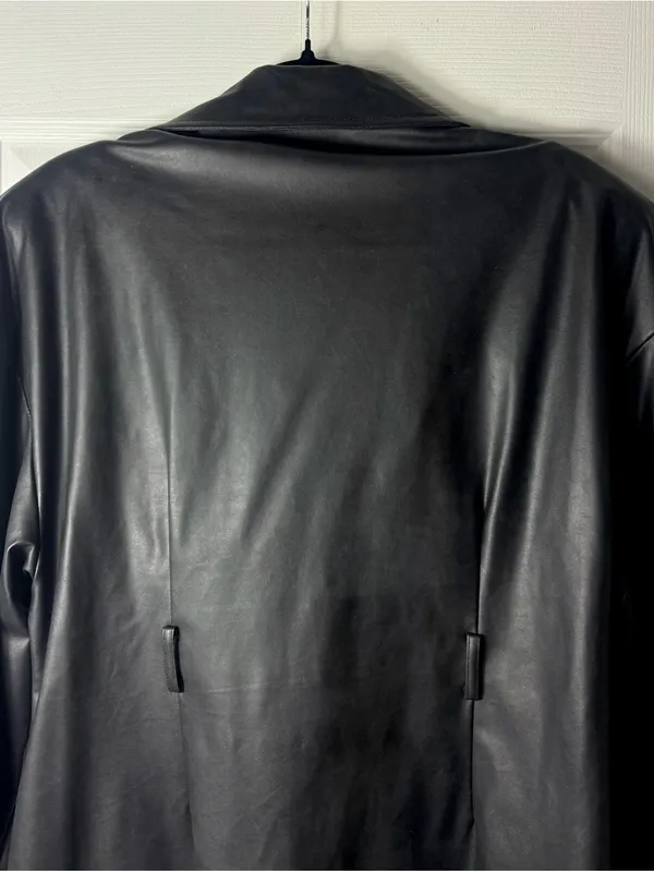 PrettyLittleThing Black Faux Leather Long Moto Jacket Padded Shoulders 12 Large - Image 7