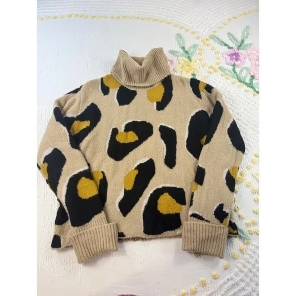 MOTH by anthropologie turtle‎ neck Sweater Animal Print Yellow Black Beige Se - Image 2