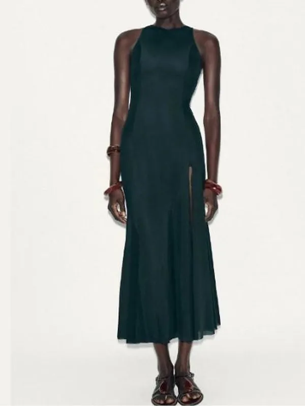 Sleeveless Dark Green mess Midi Dress with‎ Side Slit - Image 2