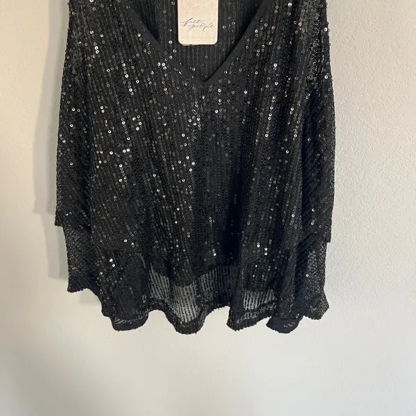 Free People Black Sequin Layered Spaghetti Strap Top Size Small NWT - Image 4
