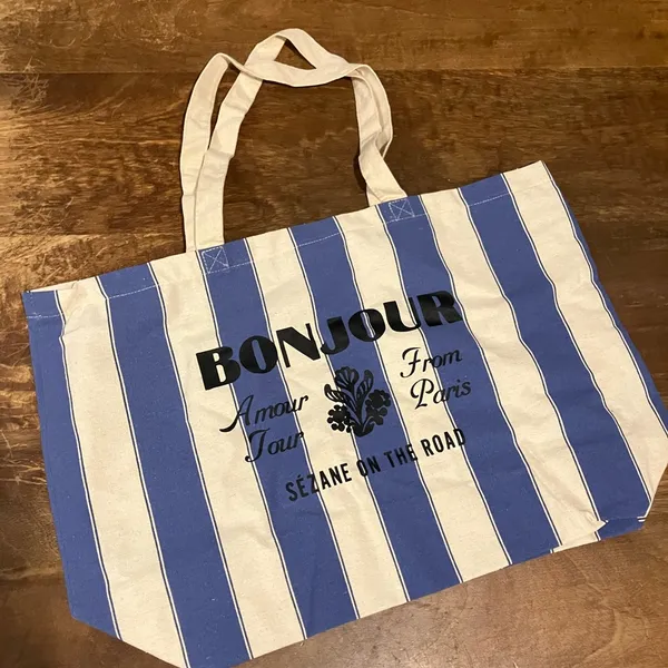 Sézane Nwot! on the road bonjour blue white striped canvas tote bag - Image 2
