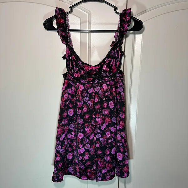 For Love & Lemons Lola Babydoll Floral Mini Dress‎ Black Pink Lingerie Bra Top S - Image 2