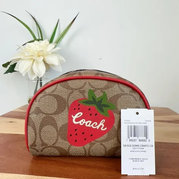 NWT Coach Dome Cosmetic‎ Case In Signature Canvas With Wild Strawberry - Image 2