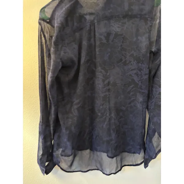 Eddie Bauer Womens Navy Blue Black Floral Sheer Button Down Blouse Small Classic - Image 5