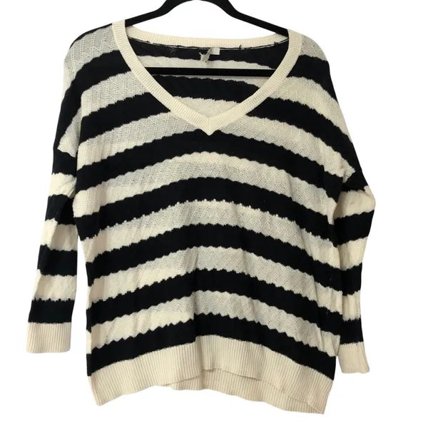 MADEWELL Striped White Black Knit V-Neck Sweater Womens XS Slouchy Oversized - Image 2