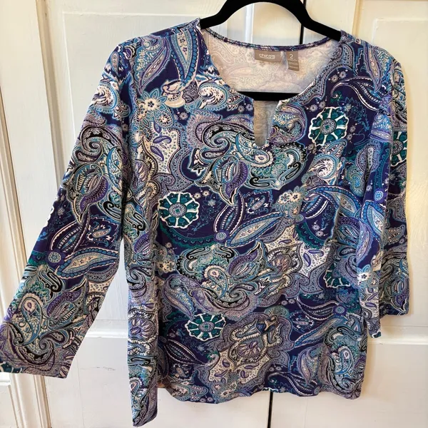 Chico's Size 2 Blue‎ Abstract Floral Paisley Print Blouse Top Shirt Size Large - Image 6