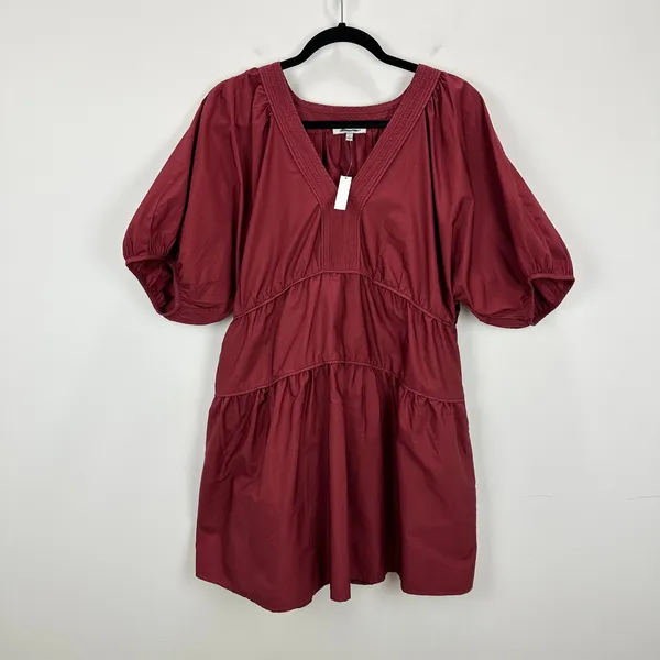 Madewell Puff Sleeve Mini Dress Poplin Claret Burgundy A Line Pockets XL NWT - Image 7