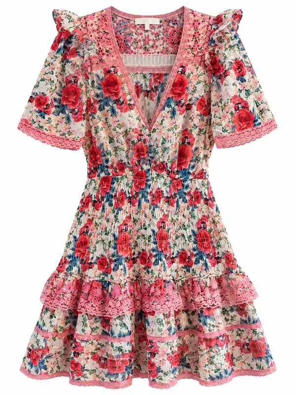LoveShackFancy Rena Mini Dress Women Medium Red Pink Floral Lace Excellent - Image 4