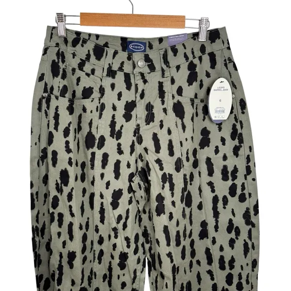 NWT Scoop Seamed Denim Barrel Jeans Wide Leg High Rise Leopard Print Olive SZ 6 - Image 5