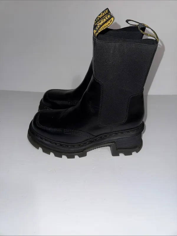 Dr. Martens Black Leather Platform Chelsea Boots with Yellow Pull Tab - Image 3